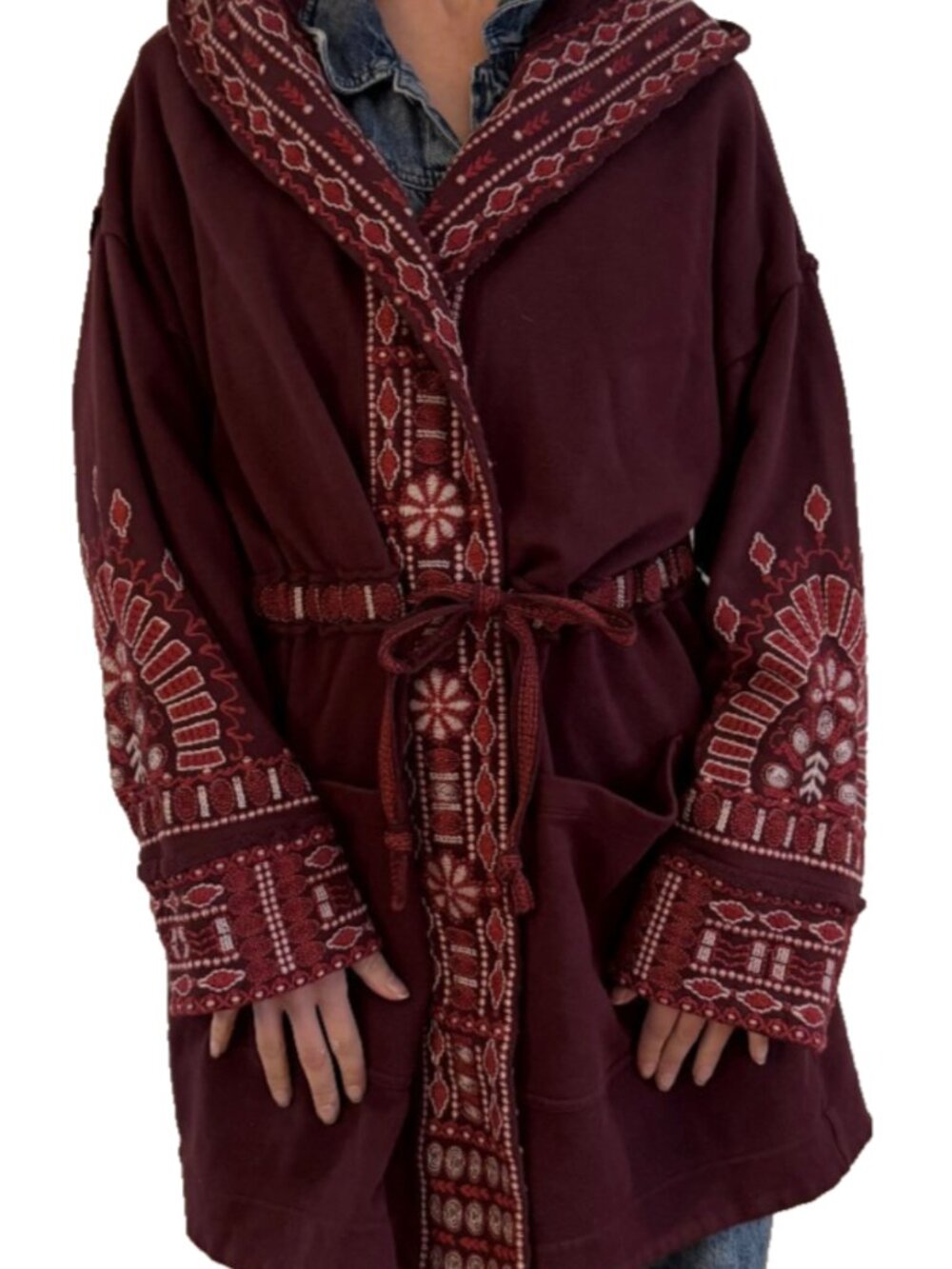 Johnny Was Embroidered Maroon Red Hoodie Cloak Sweater Hooded Tie Cotton L